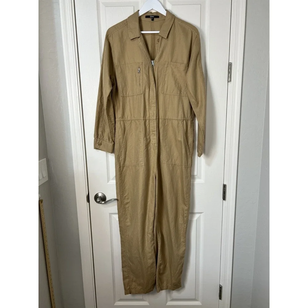 QUINCE Organic Cotton Linen Twill Jumpsuit Women L Long Sleeve Camel Sustainable